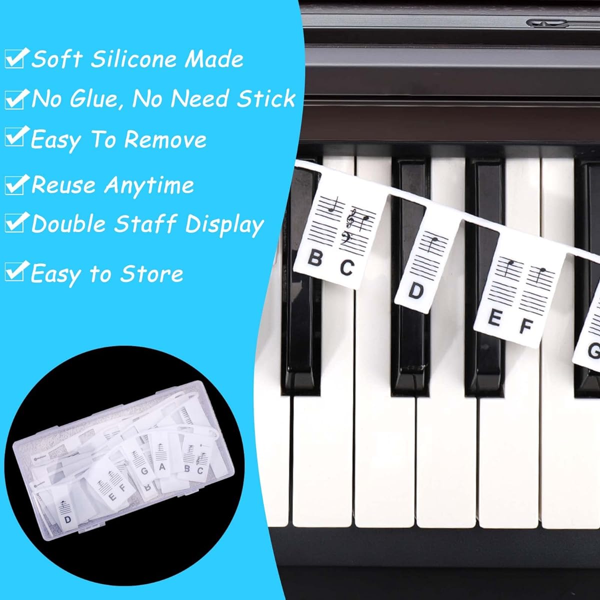 BUSOHA Silicone Piano Keyboard Stickers for Beginners Removable Piano Keyboard Note Labels for Learning Full Size Keyboard 88 Keys Double Staff Display