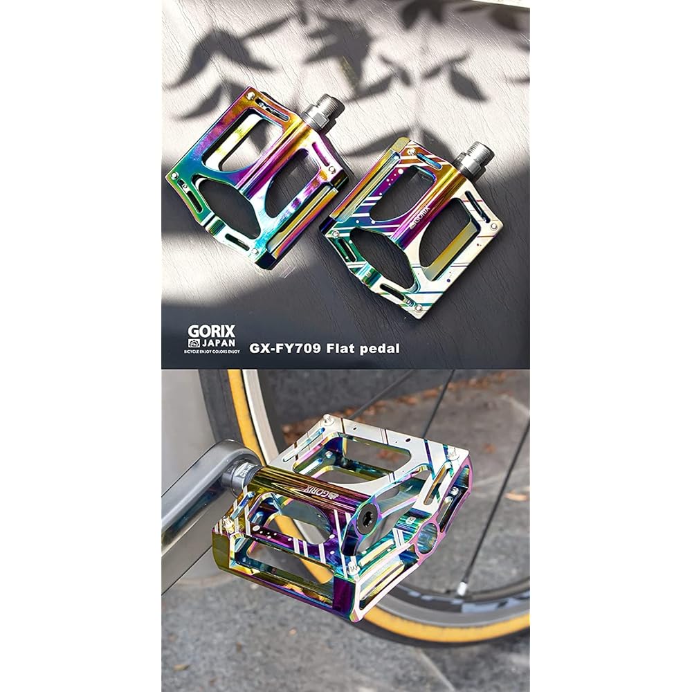 GORIX Bicycle Pedal, Oil Slick, Flat Pedal, Lightweight, Aluminum, Wide Tread (GX-FY709), Stylish, CNC Processed, 3 Bearings, High Rotation, Anti-Slip, with Pin, Cycle Pedal, Road Bike, Cross Bike, Mountain Bike, and Other Bicycles, Pedal Replacement