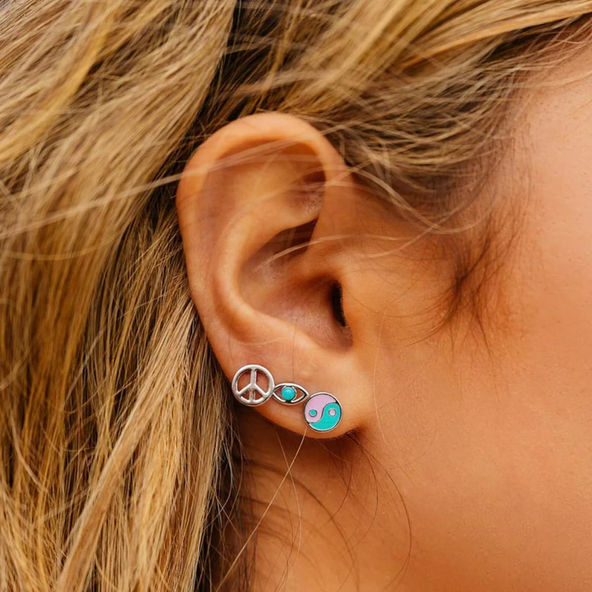 Pura Vida Silver Plated Kaleidoscope Stud Earring Set - Sterling Silver Posts Stylish Design - 6 Piece