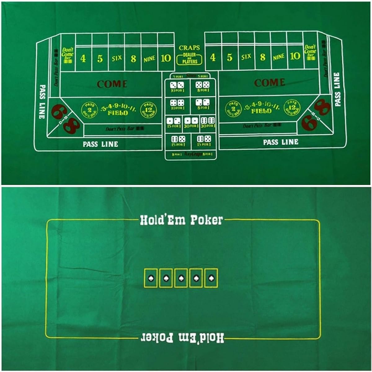 Craps & Texas Hold'em Poker Layout Double Sided Reversible Premium Felt 6' x 3'
