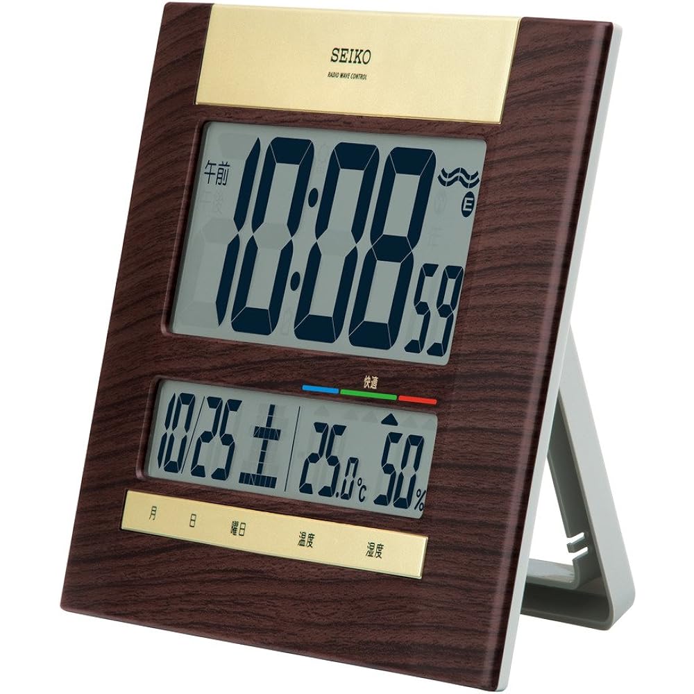 Seiko Clock Wall Clock, Table Clock, Radio Wave, Digital Calendar, Brown Wood Grain, 18 x 26 x 2.2 cm SQ440B