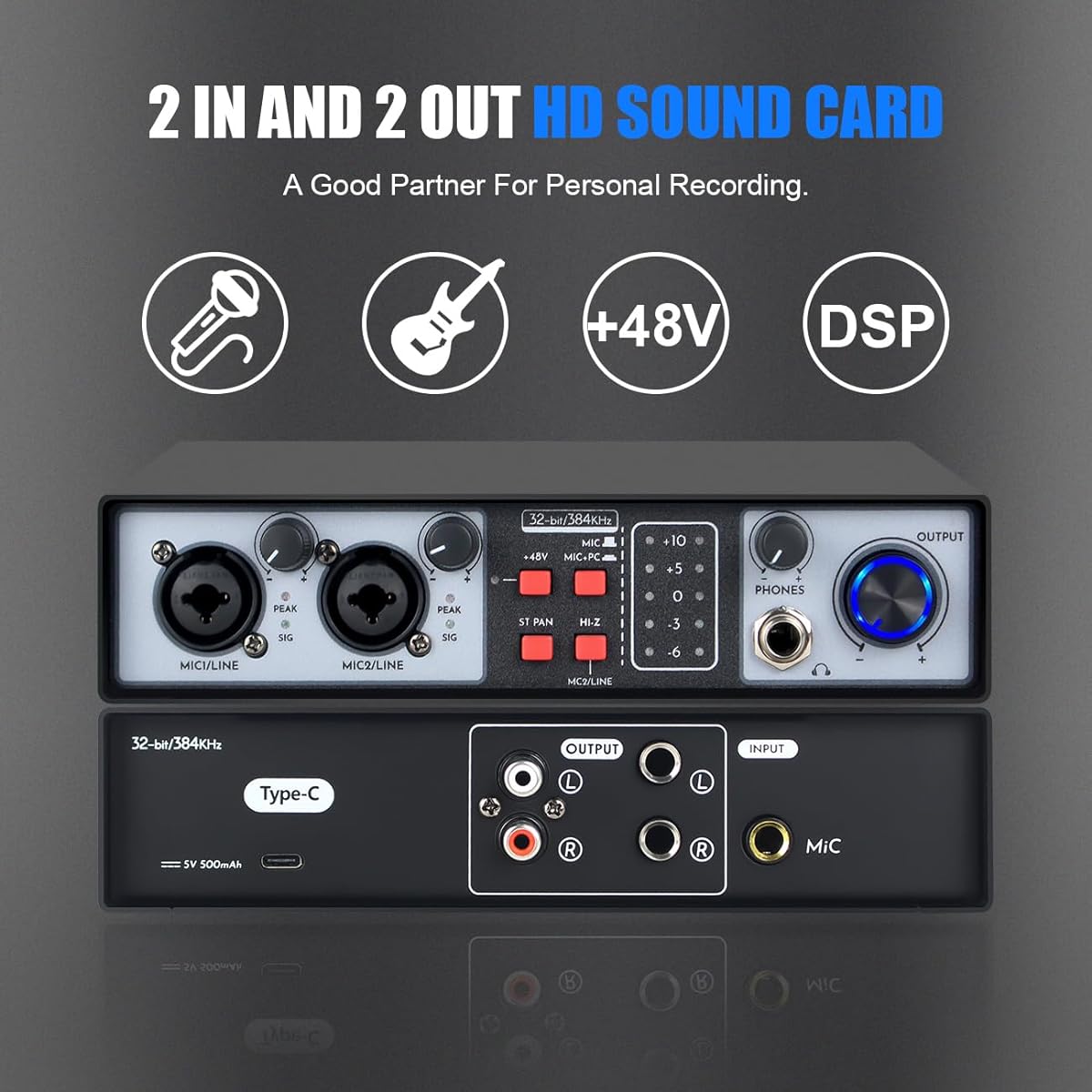 Micfuns MX02 USB Audio Interface (32bit/384kHz) Sound Card, 48V Phantom Power, Headphone Jack, Production Console with Studio Controller for Recording, Production, Podcasting, Guitar