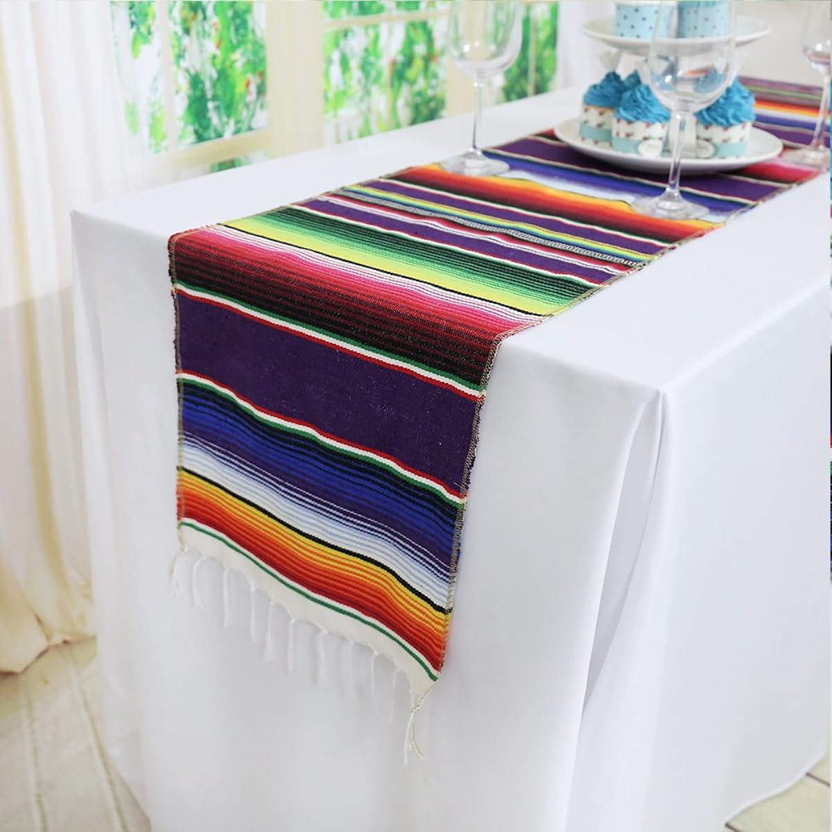 TRLYC 60x102 Mexican Tablecloth Serape Colorful Stripes for Wedding Party 14X84" K180508 14X84 Mexican table runner 5PCS