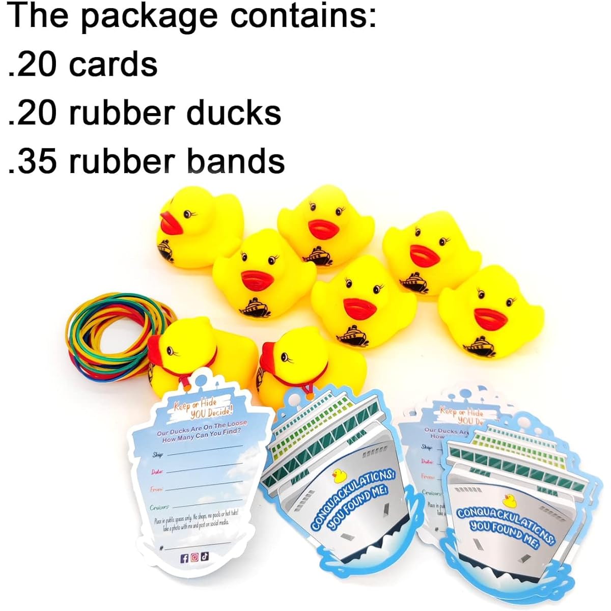 Duck Tags - Hide a Rubber Duck While Cruise - Cruise Tags - Duck Game Cards - Yellow Rubber Duck - 20 Cards - 20 Rubber Bands - Royal Cruise Ship Design - Duck Tags - ConQuackulations (White)