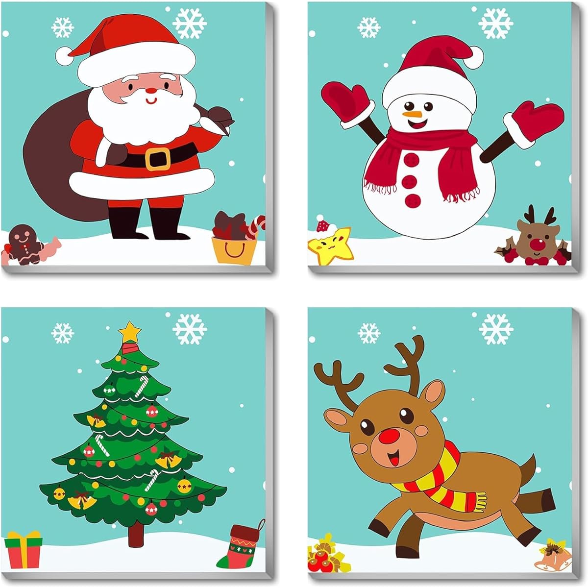 hkejoi Christmas Paint by Number for Kids, 4 Pack with Framed Canvas, Christmas Paint by Numbers for Kids Ages 4-8-12, Perfect for Home Wall Decoration (8x8 Inch)