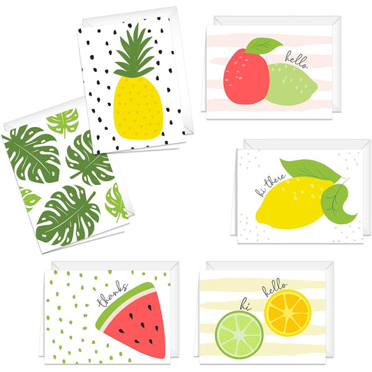 24 Adorably Illustrated Fruit Note Cards for All Occasions, 6 Greeting Cards and Envelopes, Bright Tropical Designs