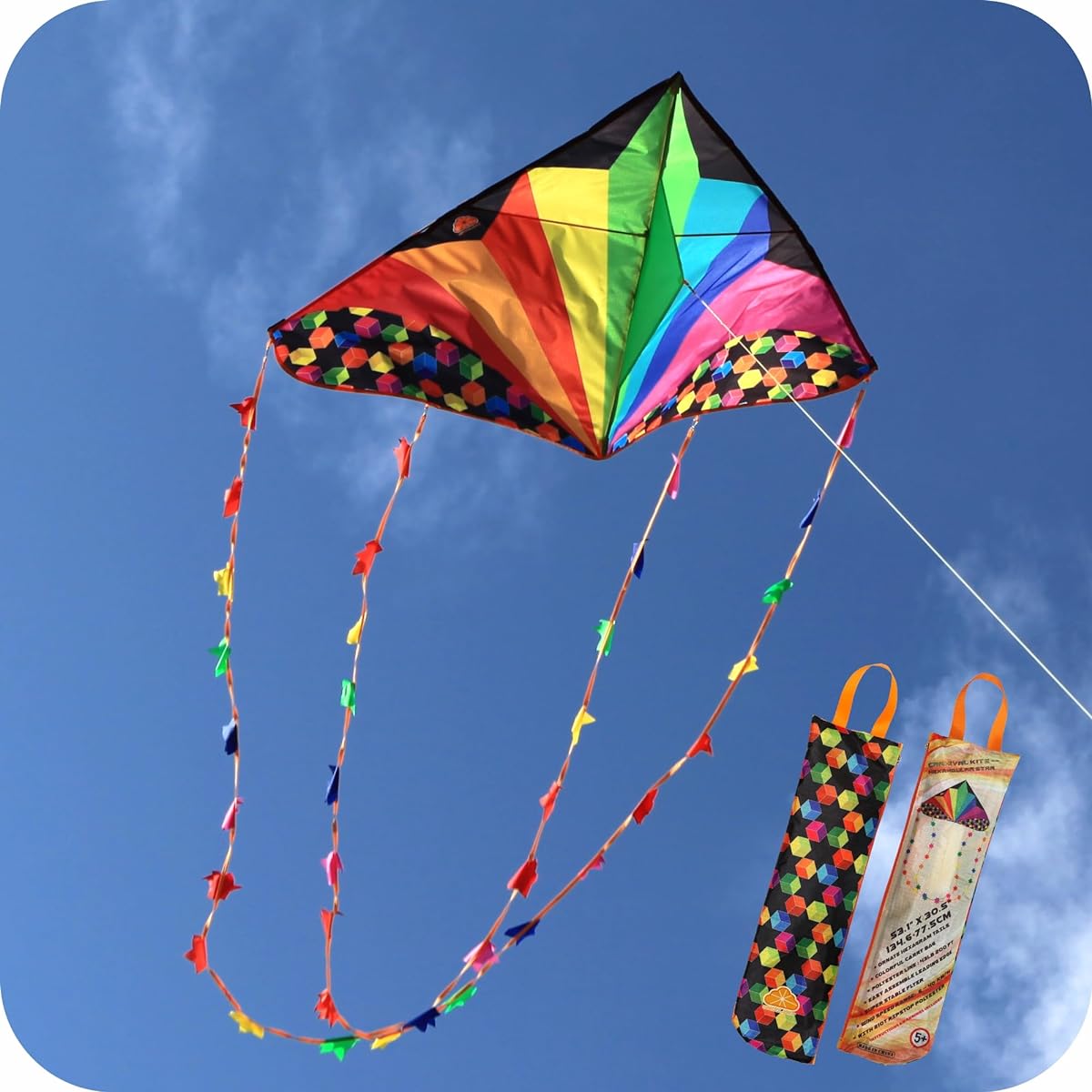 ORGCLDKT CANIVAL Delta Kite Hexagonal Star 53"x30.5" Printed Carry Bag Easy Flying Kite for Kids Adults Girls Boys Beach Kite Long Hexagonal Star Tail