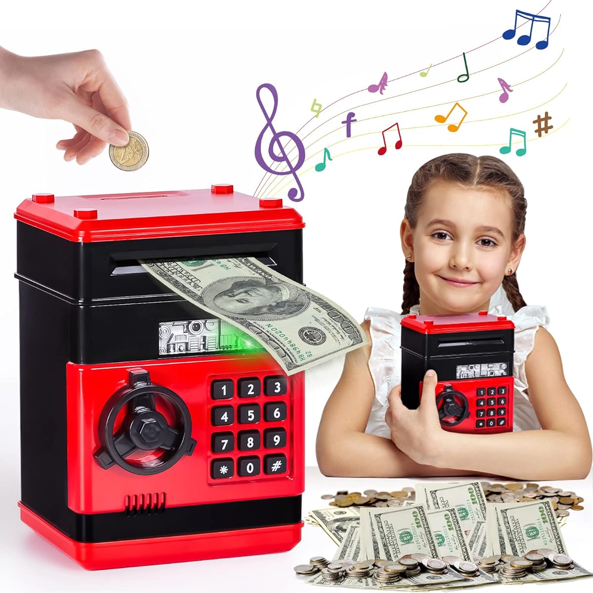 Refasy Piggy Bank Toys for Kids 6 7 8 9 10 11 Money Saving Box Toys Teen Boys Girls Age 8 9 10 11 12 Kids Christmas Birthday Gifts ATM Piggy Bank 5 6 7 8 Red Piggy Bank for Real Money