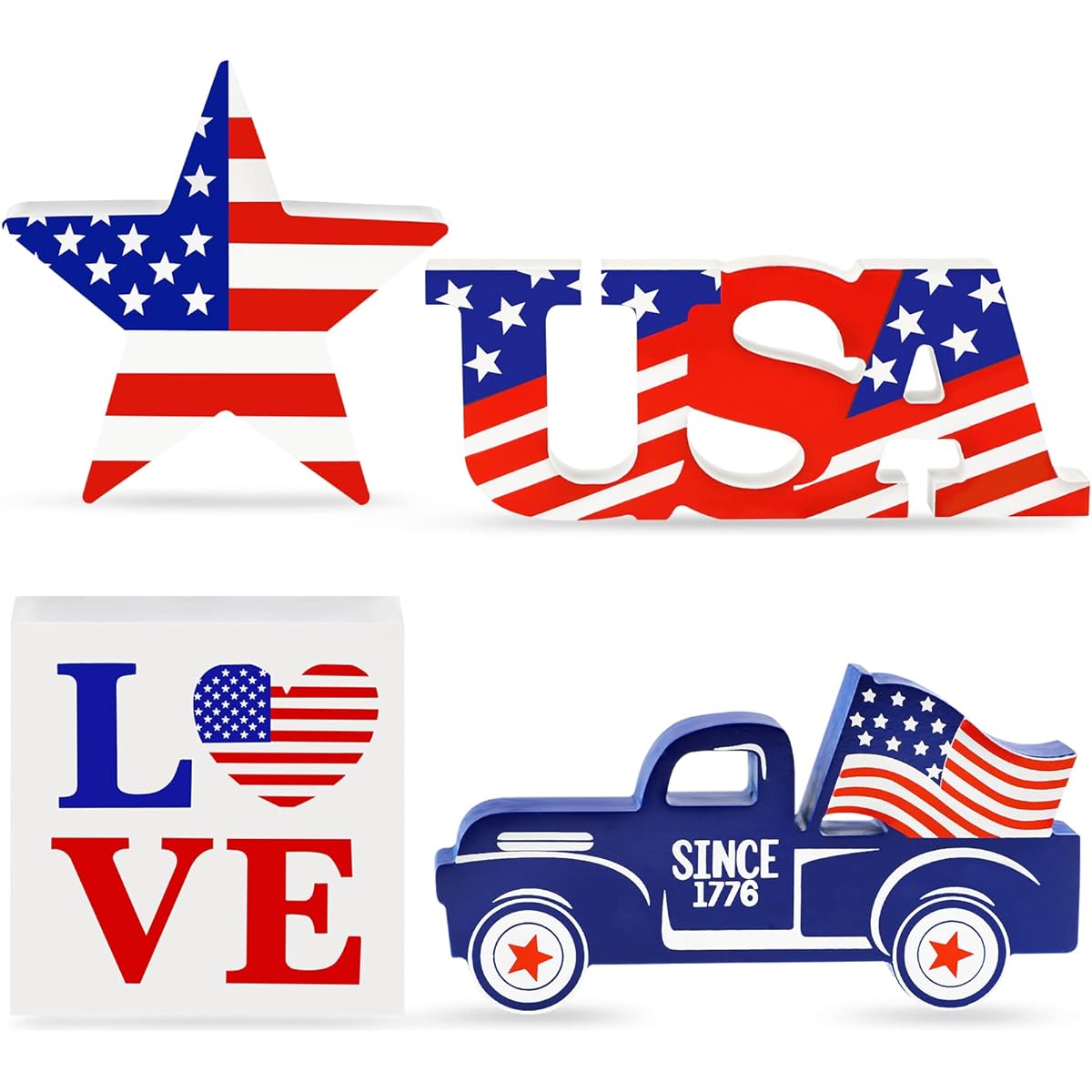 4th of July Decorations Patriotic Decorations 4pcs Wooden Patriotic Star USA LOVE Car Sign 4th of July Decorations Home Independence Day Tiered Tray Decor