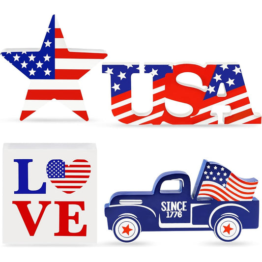 4th of July Decorations Patriotic Decorations 4pcs Wooden Patriotic Star USA LOVE Car Sign 4th of July Decorations Home Independence Day Tiered Tray Decor