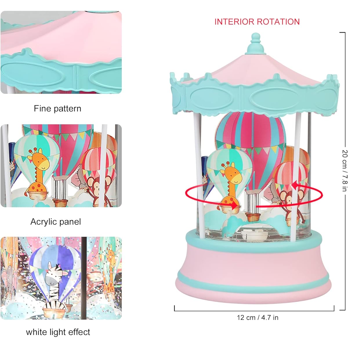 VITAKEO - [360° Rotation] Animal Amusement Park Decorative Music Lantern, Christmas Girl, Boy - Luxury Amusement Park Music Lamp 4 Animals with Hot Air Balloon and LED Light Luminous Rotation (4.7 x 7.8 inch)