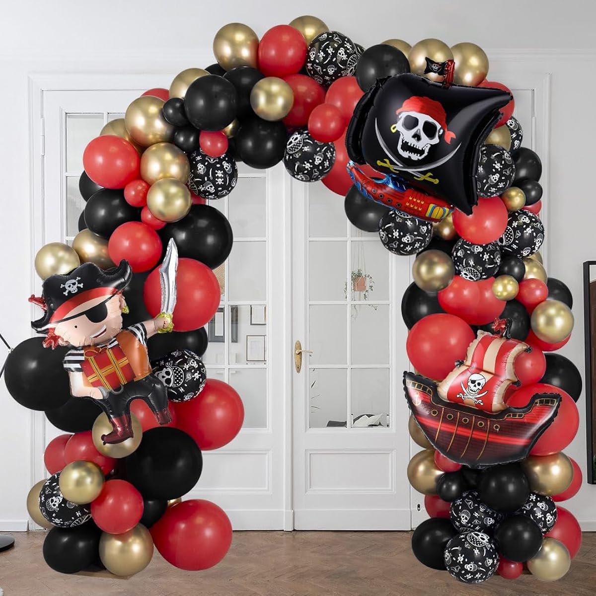 Pirate Ship Party Decorations 142 Pieces Black Red Metallic Gold Balloon Arch Garland Kit Pirate Ship Foil Mylar Balloons Pirate Ship Sea Theme Halloween Baby Shower Birthday Party Decorations Supplies (Red Black)