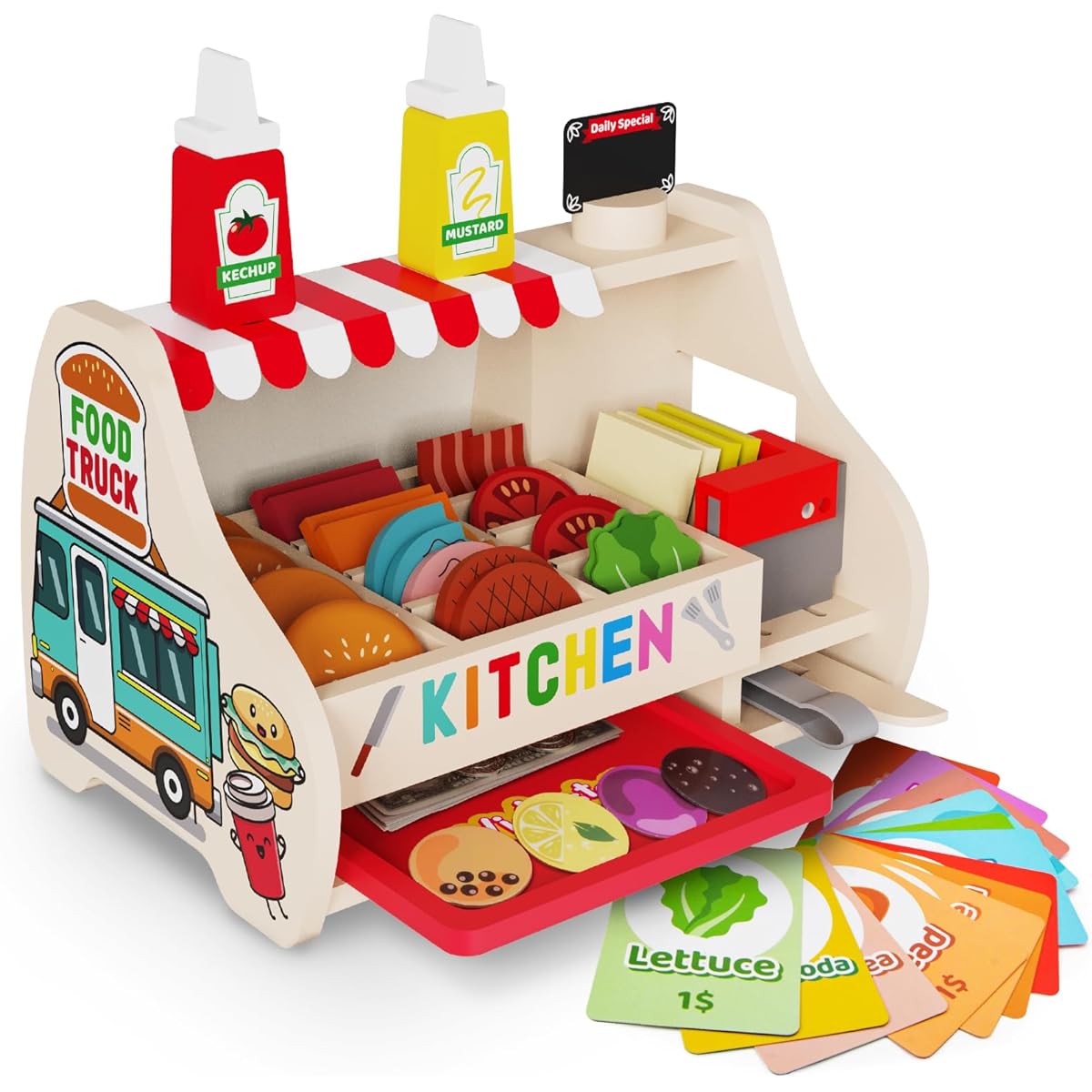 Victostar Wooden Play Food Set (58 Pieces) Slice & Stack Sandwich Counter Pretend Play Store Food Toy Burger Shop Toy for Boys and Girls