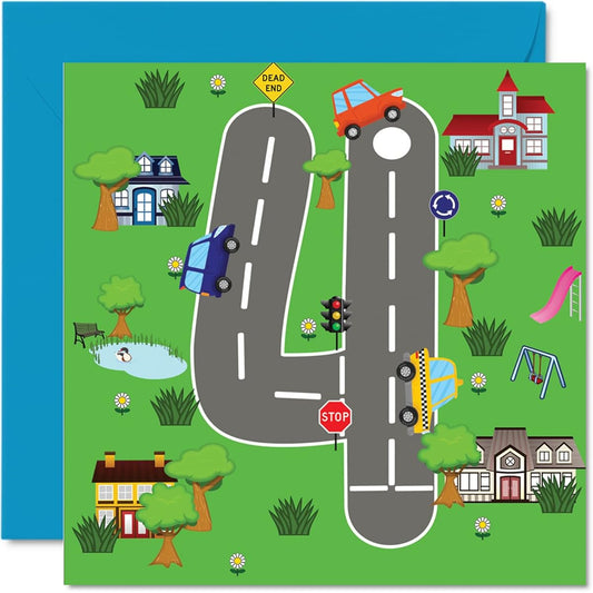 4th Birthday Card for Boys/Girls - Toy Car Mat - Happy Birthday Card for 4 Year Old Son/Daughter/Brother/Sister/Granddaughter/Niece/Nephew Cousin 5.7 x 5.7 Inch 4th Birthday Greeting Card