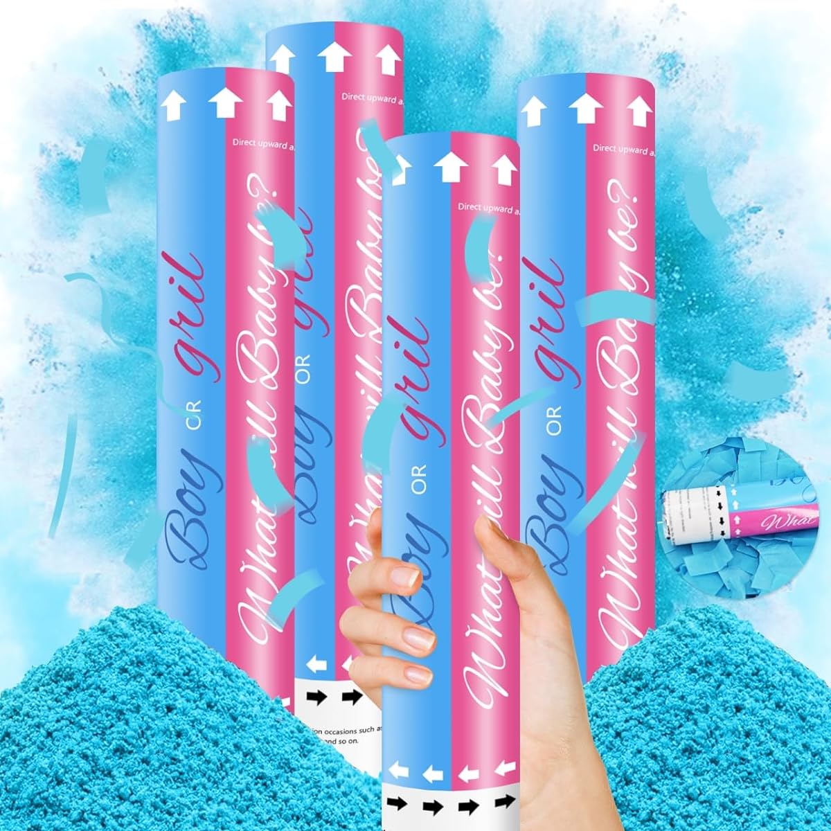 Gender Reveal Cannons 4 Pack Gender Reveal Powder Cannon Gender Confetti Powder Cannon for Gender Reveal Ideas (4 Blue) Biodegradable Streamers Gender Reveal Party Poppers Powder Smoke Confetti Shooters