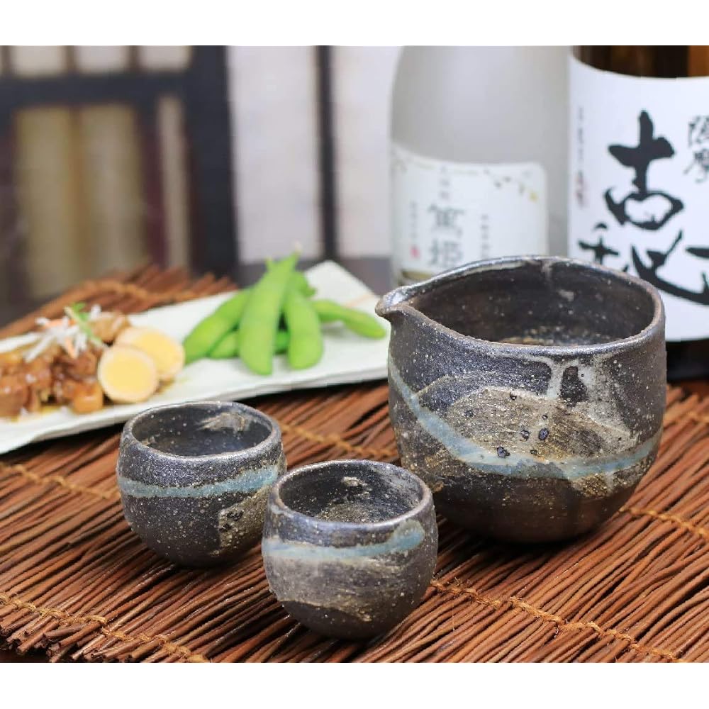 Shigaraki ware cold sake cup [Cirrus w918-02 (1 pouring vessel, 2 sake cups) set] Sake cup Tokkuri Sakazuki cup Cold sake Katakuchi Shigaraki ware Pottery Gift Present