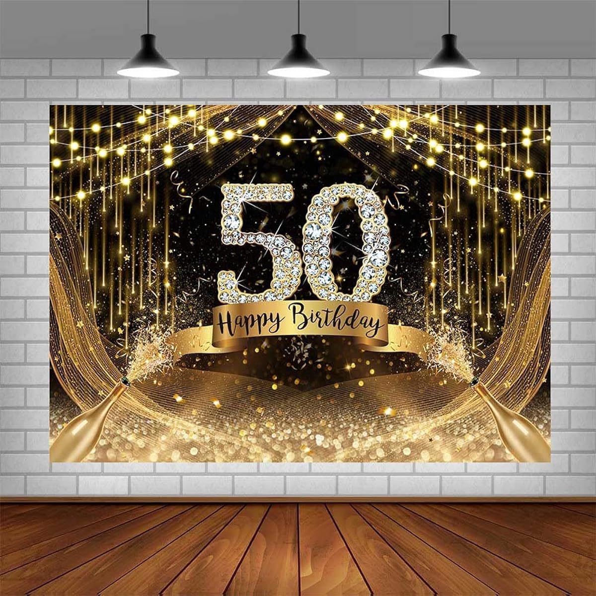 AIBIIN 7x5ft Happy 50th Birthday Backdrop 50th Birthday Banner Black Gold Glitter 50th Birthday Party Decorations Supplies Photo Studio Props