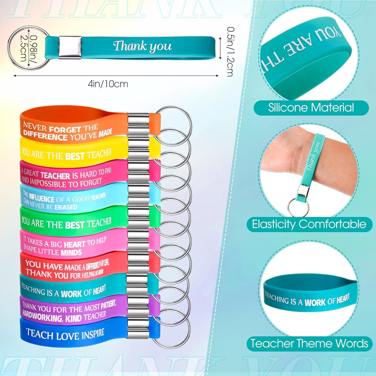 20pcs Teacher Appreciation Gift Silicone Wristband Inspirational Quote Keychain Birthday Retirement Teacher's Day Graduation Gift Motivational Teacher Key Bracelet Bulk Multicolor Wrist Strap, As Picture. , 5 x 1 inches in total