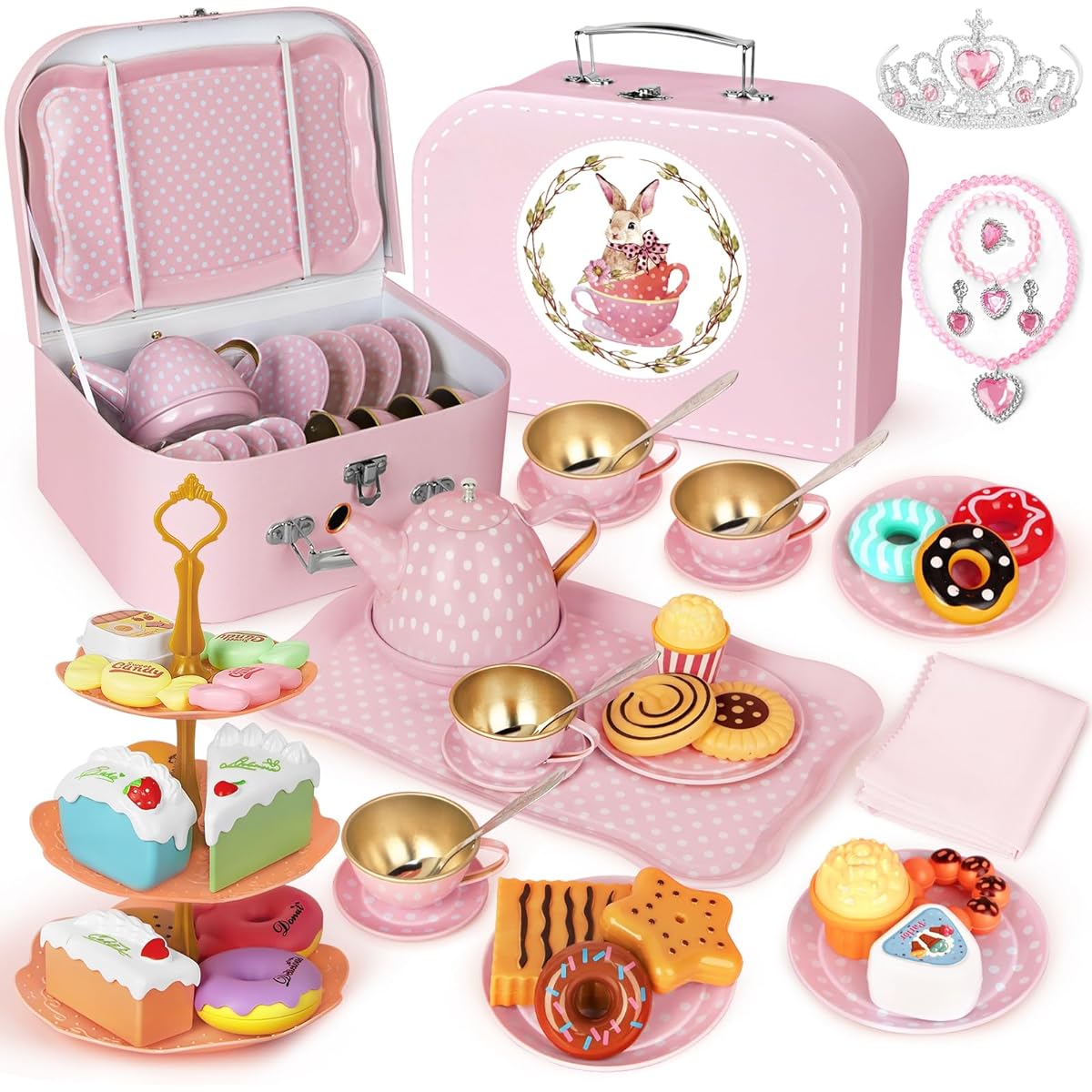 iAOVUEBY Tea Party Set for Little Girls, Kids Kitchen Play Toys with Teapot Dishes Desserts, Princess Pretend Teatime Crown Necklace Kit, Girls Toys for Ages 3 4 5 6 Christmas Birthday Gift Ideas