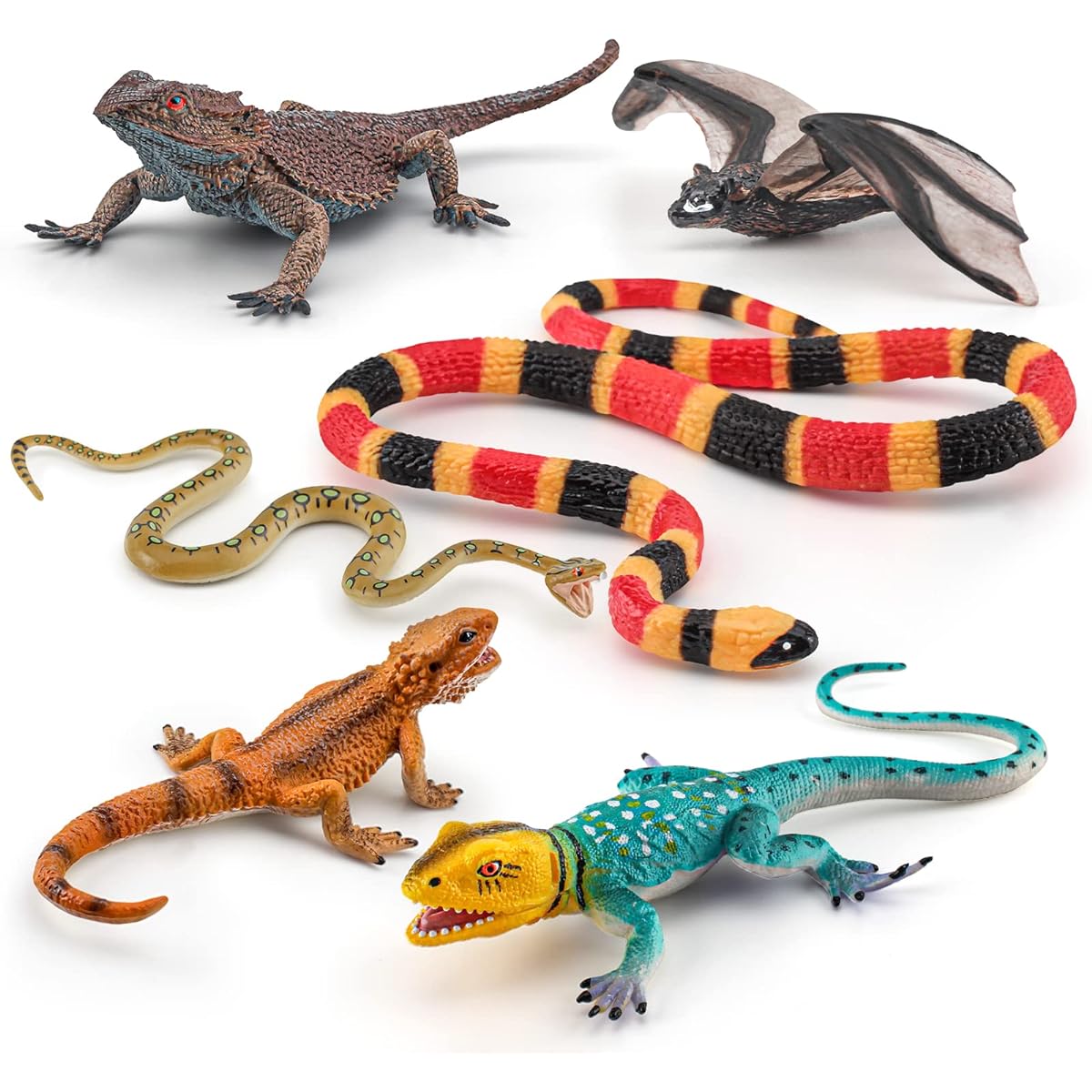 BRETOYIN Bearded Dragon Toy Snake Figurine Lizard Figure 6 Pieces Realistic Tropical Forest Diorama Animal Figure Chameleon Toy School Project Model for Kids Toddlers Birthday Gift Cake Topper