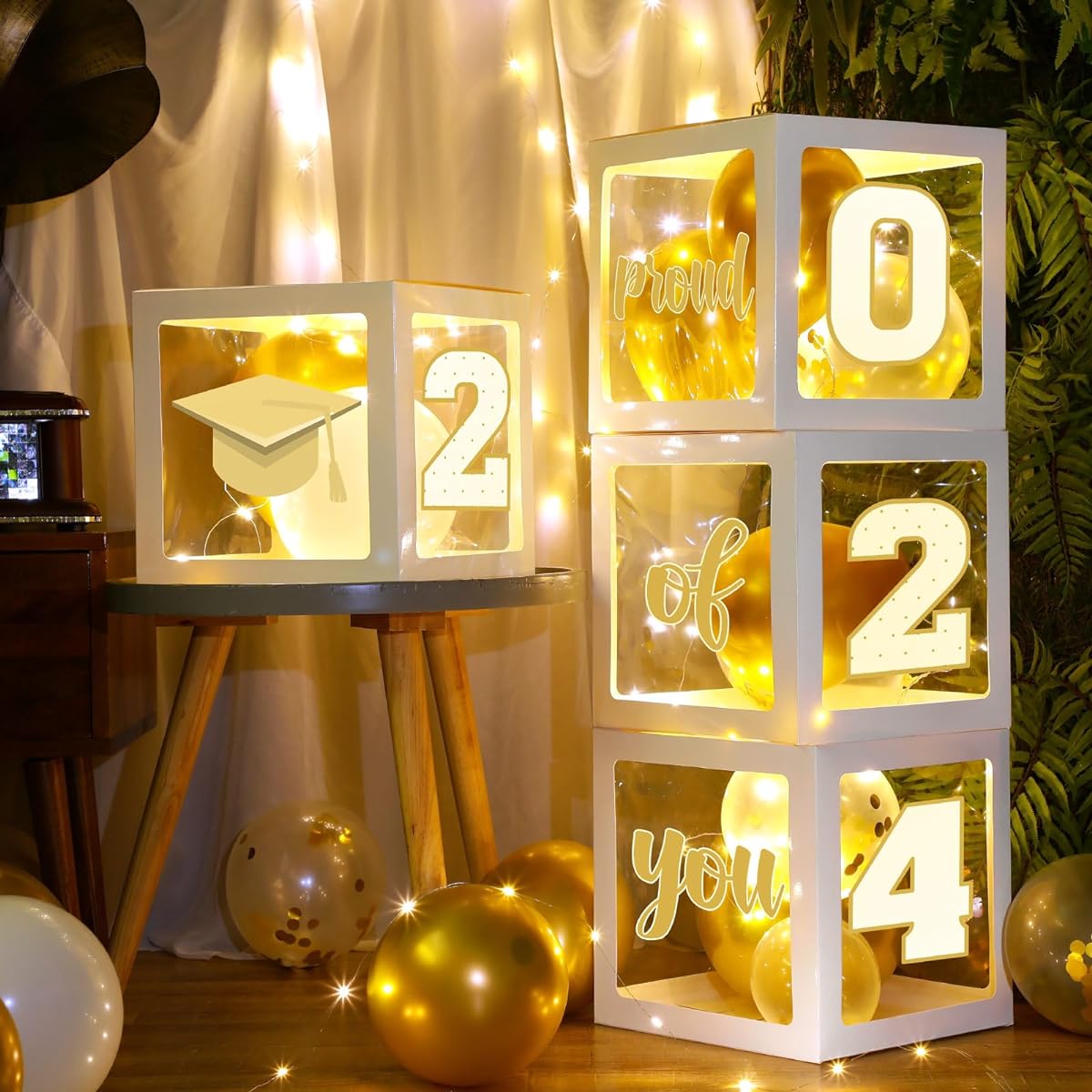 Graduation Box Decorations with Balloons and LED Light Strings Congrats 2023 Graduation Party Supplies Proud of You Balloon Boxes for Class of 2023 School College Party Decorations 44 Pieces (White)