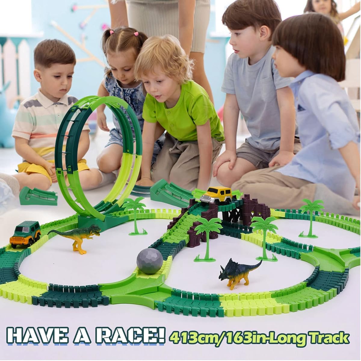 LANSAND 245 Piece Dinosaur Race Track Toy for Kids Ages 3-12 Boys Girls Flexible Track Playset with 2 Cars, 231 Tracks, 1 Ball, 2 Dinosaurs, Christmas Birthday Gift