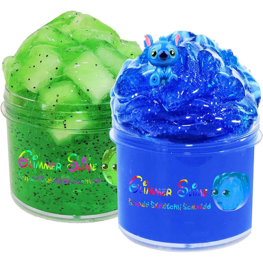 2 Pack Scented Crunch Slime, Jelly Cube Slime and Stitch Slime, Squeeze and Squeak Sounds, Super Stretchy, Non Sticky, Glimmer Clear Slime, Party Gifts for Girls and Boys