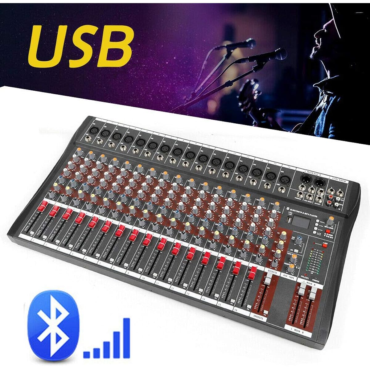 TFCFL 16 Channel Audio Mixer Professional USB Audio Interface Soundboard Console Desk System Interface Digital USB Computer Phantom Power Stereo DJ Studio Metal+Plastic Black