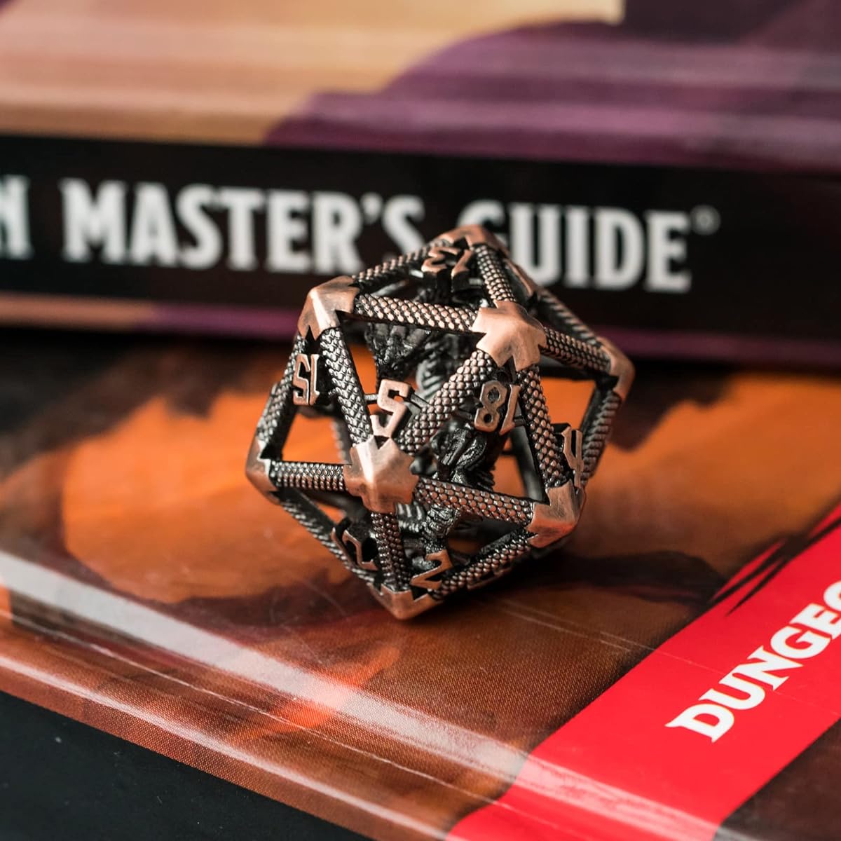 UDIXI 22mm D20 Metal Dice, Single D20 DND Dice, Hollow Dragon Design Polyhedral Dice for Dungeons and Dragons, Role Playing Game MTG Pathfinder (Ancient Copper)