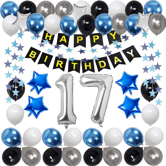 17th Birthday Decorations for Men Women Boys Girls Blue Black Birthday Party Supplies Silver Number Balloons with 17 Happy Birthday Banner for 17th and 71st Birthday Parties