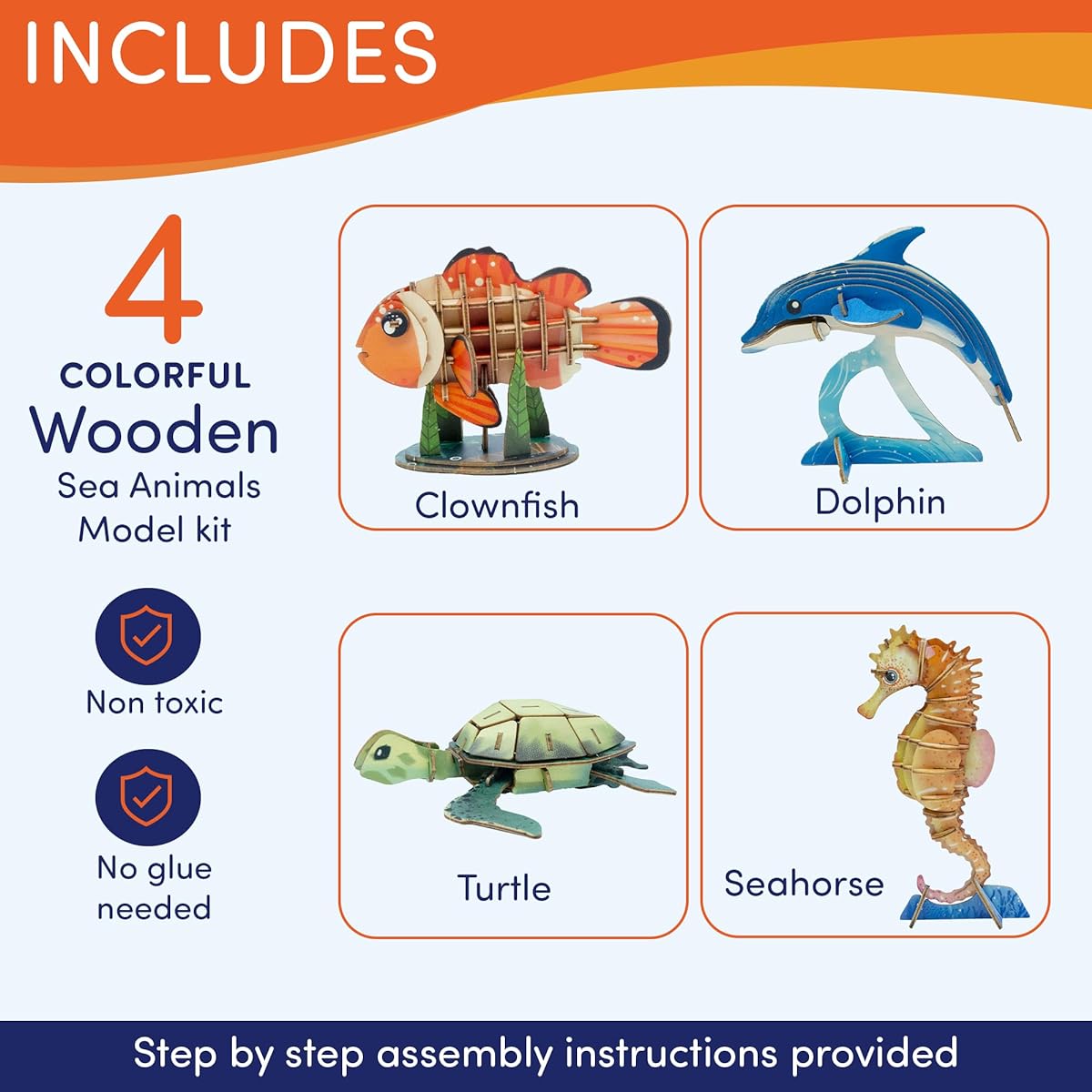 DIY 3D Wooden Puzzle Set, Colorful Sea Animal Model Building Kit for Kids & Adults, Educational STEM Brain Teaser Puzzles, Wooden Craft Gifts for Boys and Girls, Ages 8-9-10-11-12