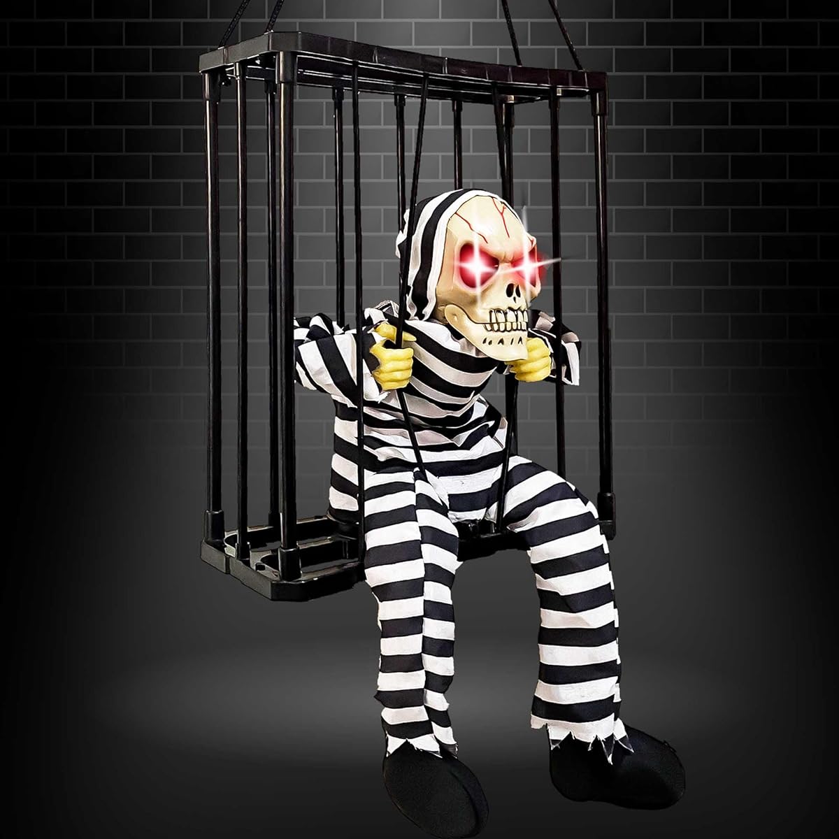 Screaming Animated Halloween Decorations, Halloween Decoration Props with Motion Sensor Scary Skull Cage Prisoner Haunted House Decor, Spooky Hanging Ghost Light Up Eye Decorations (Style 1)