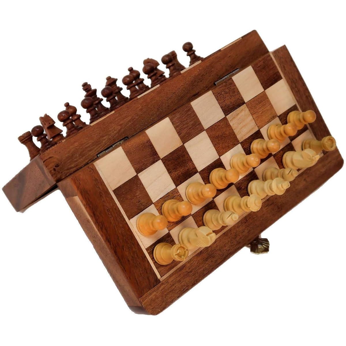 Ajuny Wooden Chess Set with Magnets for Travel, Maple and Acacia, Foldable, Piece Storage, Board Game for Adults and Family, Size 12 Inch