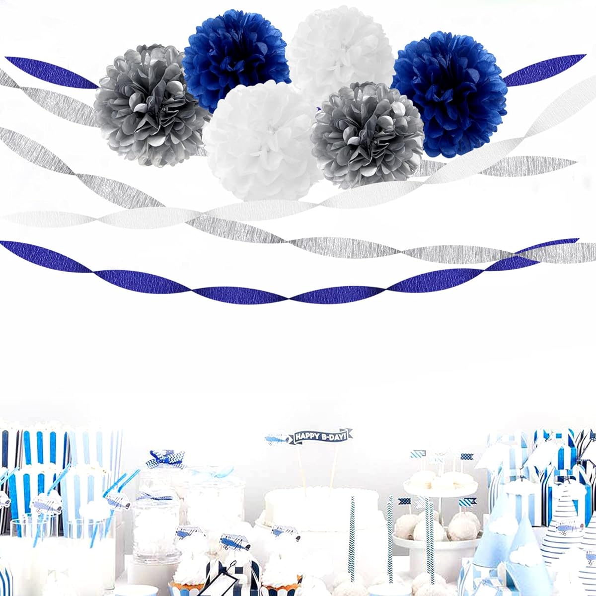 Navy Blue White Silver Crepe Paper Streamers 9 Rolls Royal Blue Graduation 2022 Men Boys Birthday Party Decorations Streamers Wedding Bridal Shower Paper Garland Father's Day Decor Panduola