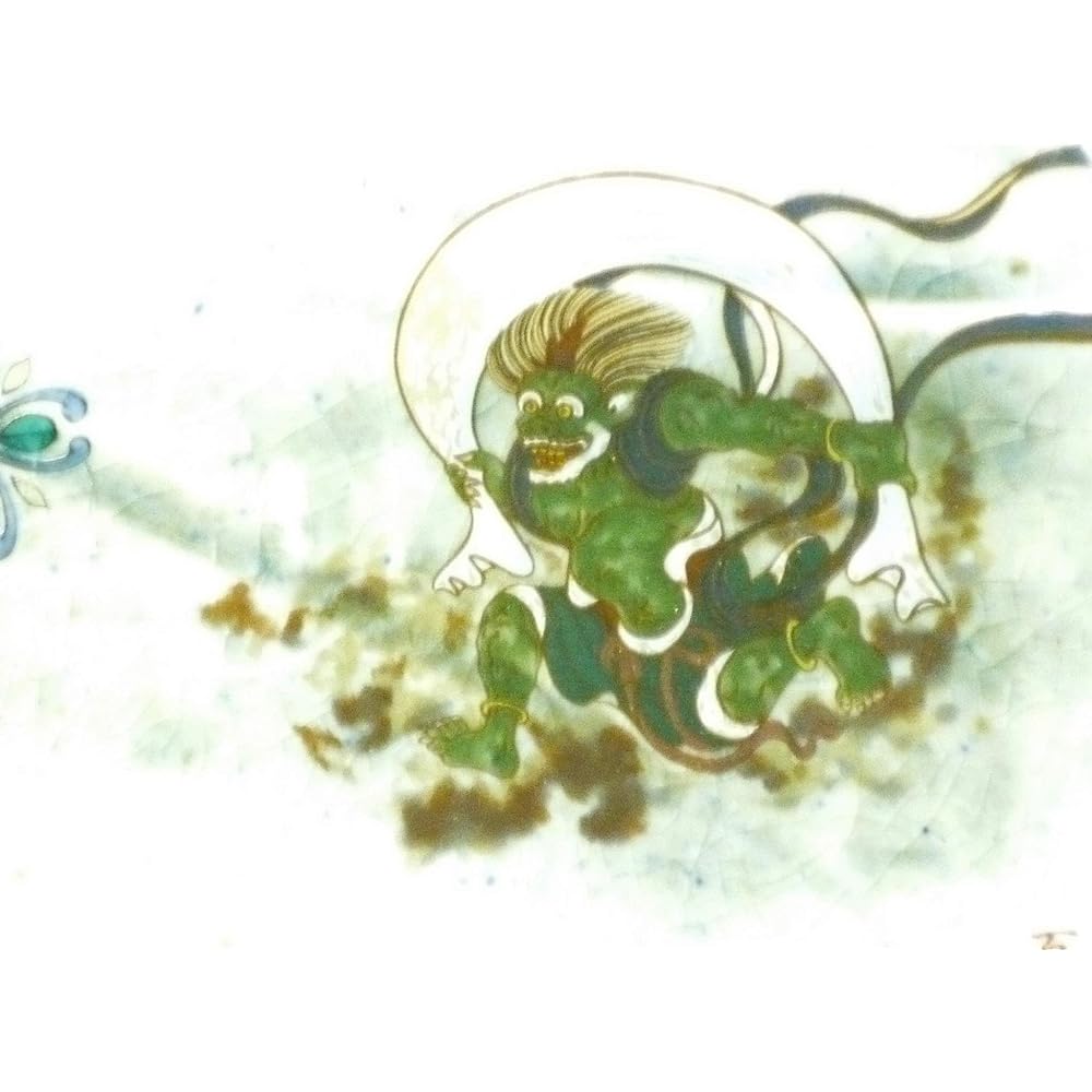 Kutani ware [Long plate for grilled fish] Wind God and Raijin back picture