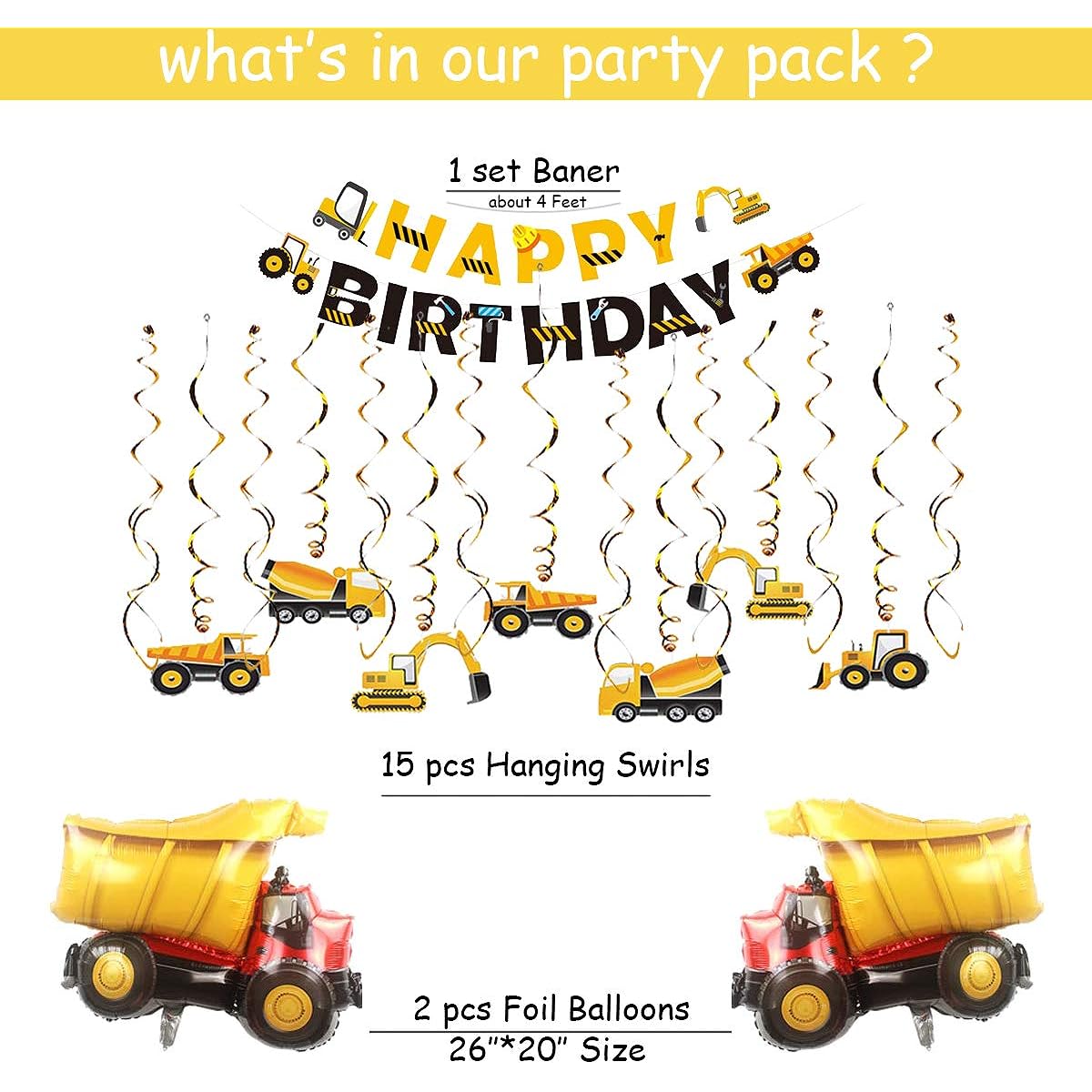 Construction Party Supplies Dump Truck Birthday Party Decorations for Boys - 70 Pack Construction Signs Hanging Swirls Happy Birthday Banner Balloons Cake Topper