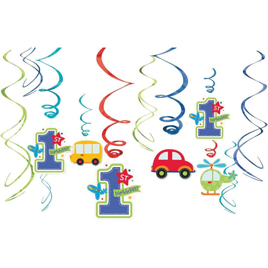 Amscan All Aboard Boy 1st Birthday Value Pack Foil Swirl Decorations, Large,