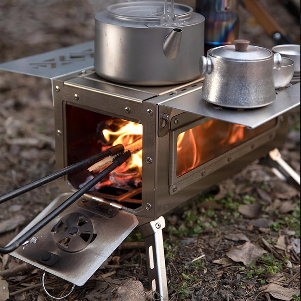 Wood Stove, Camping, Wood Stove, Camping Stove, Portable, Tabletop, Oud Fireplace, Bonfire Stand, Tent Cooking, Outdoor BBQ, Chimney/Heat-resistant Glass Window/Side Shelf Included