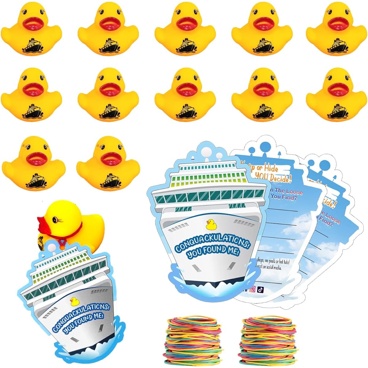 Duck Tags - Hide a Rubber Duck While Cruise - Cruise Tags - Duck Game Cards - Yellow Rubber Duck - 20 Cards - 20 Rubber Bands - Royal Cruise Ship Design - Duck Tags - ConQuackulations (White)