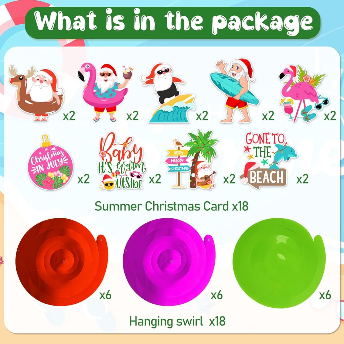 ssailue Decor Christmas July Hanging Swirl Decorations, 18 Pieces Tropical Summer Hawaii Santa Beach Mele Karikimaka Christmas Hanging Ornaments, No Gemstones