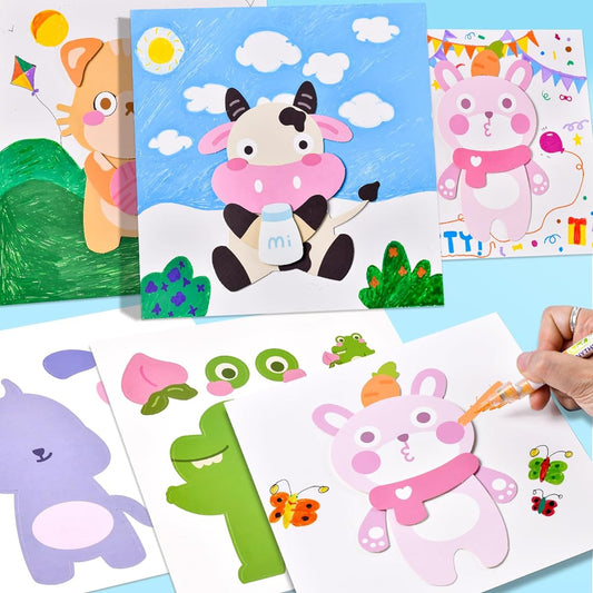 12PCS Card Art Craft Gift Kit Creative Make Your Own Animals & Scenes Cartoon Stickers Craft Projects for Ages 3+ Toddlers Preschool Learning Toys for Birthday Party Favors Supplies
