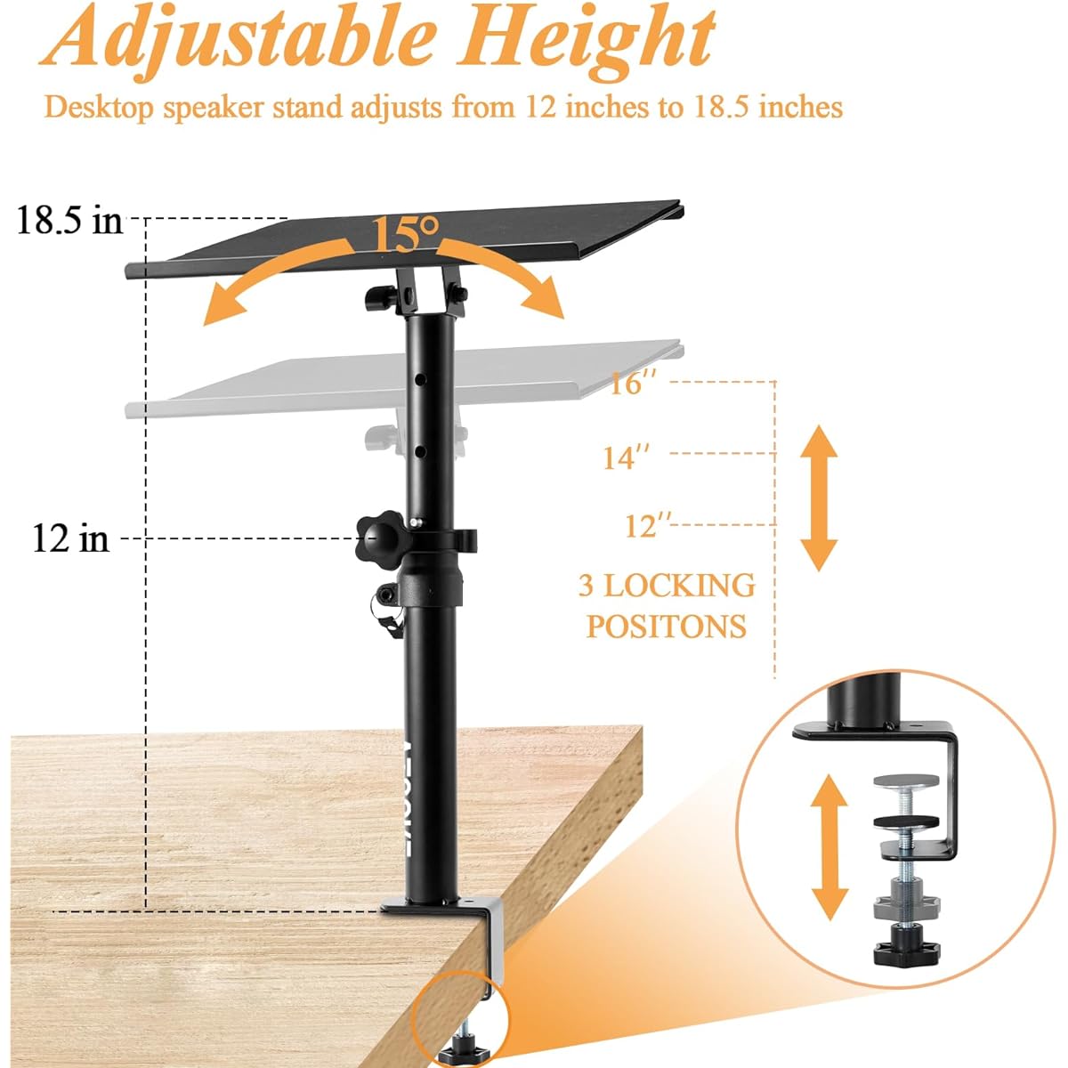 Atsgke Desktop Speaker Stand Set of 2 Studio Monitor Stand Desktop Clamp Studio Speaker Stand Adjustable Height