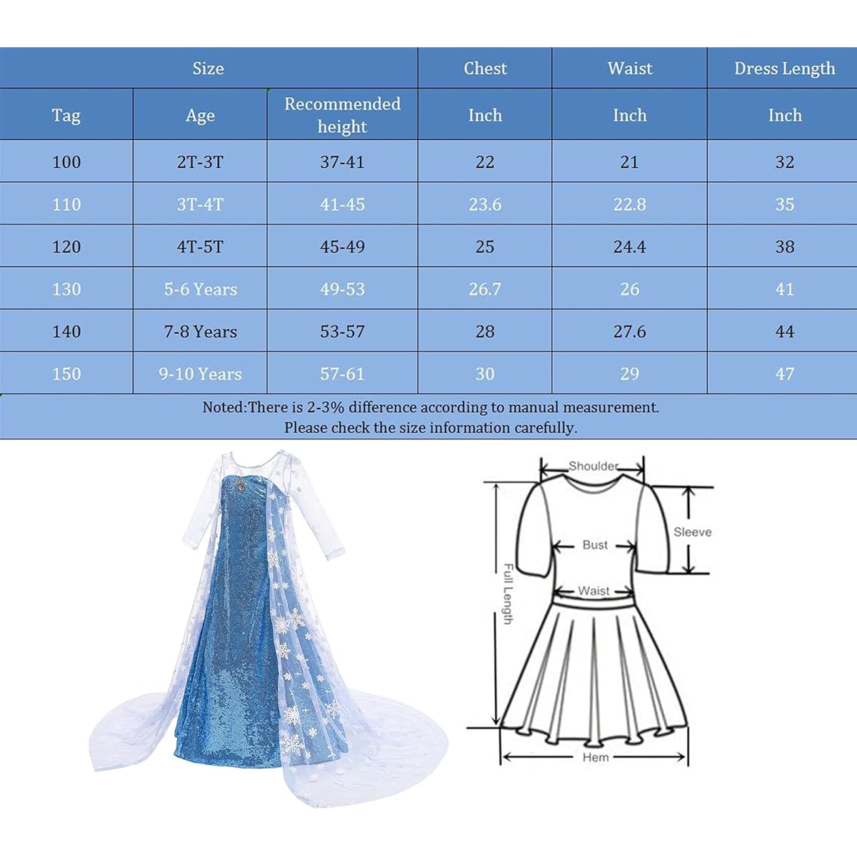 [Heywood] Princess Costume with Long Cape for Birthday Party with Crown, Magic Wand, Wig, Gloves for Little Girls Age 7-8 (140cm, K32)