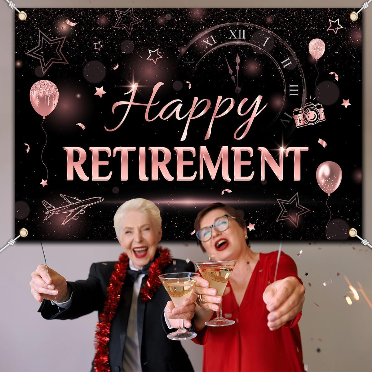 Retirement Decoration, Happy Retirement Backdrop Rose Gold Retirement Party Photo Booth Banner for Women Retirement Party Supplies