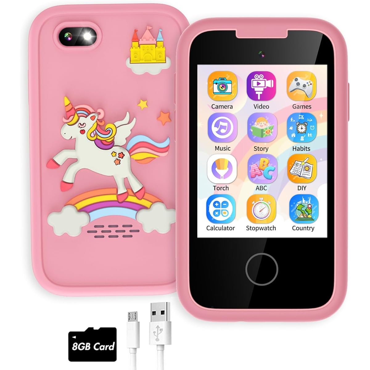 Kids Smartphone for Girls Touch Screen Kids Cell Phone Gift 6-8 Years Old with Dual Camera Music Game Learning Toy Phone Christmas Birthday Gift for 3 4 5 6 7 8 Year Old Girls with 8G SD Card