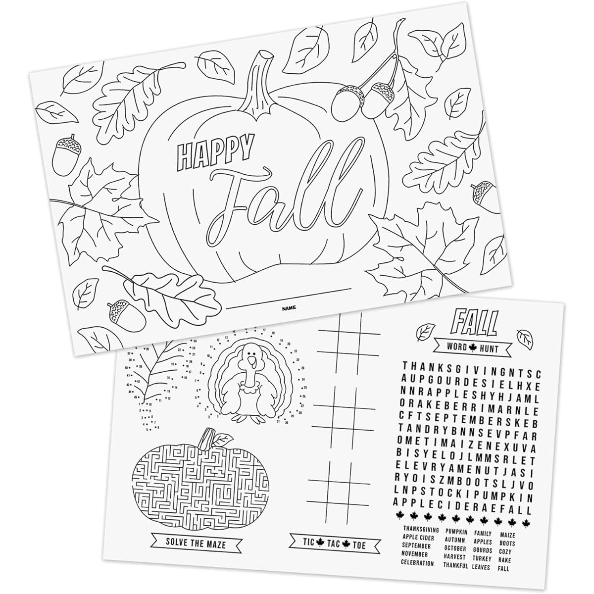 Thanksgiving Coloring Activity Placemats / 12 Happy Fall Coloring Sheets / 11" x 17" Double Sided Kids Fall Holiday Drawing Paper / Disposable Placemats / Made in the USA