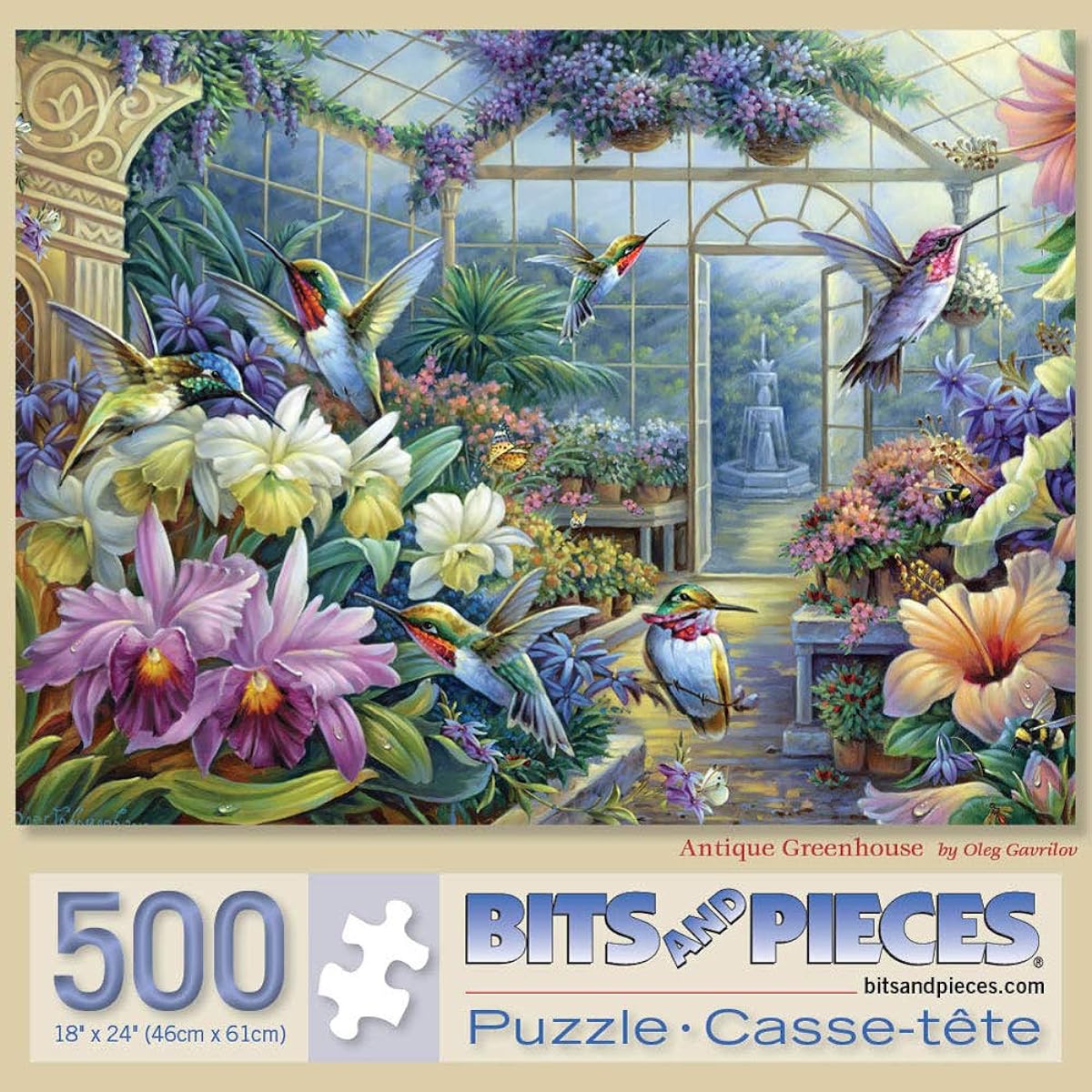 Bits and Pieces - 500 Piece Jigsaw Puzzle for Adults 46cm x 61cm - Antique Greenhouse - 500 Piece Bird Fountain Beautiful Flower Garden Jigsaw Puzzle Artist: Oleg Gavrilov