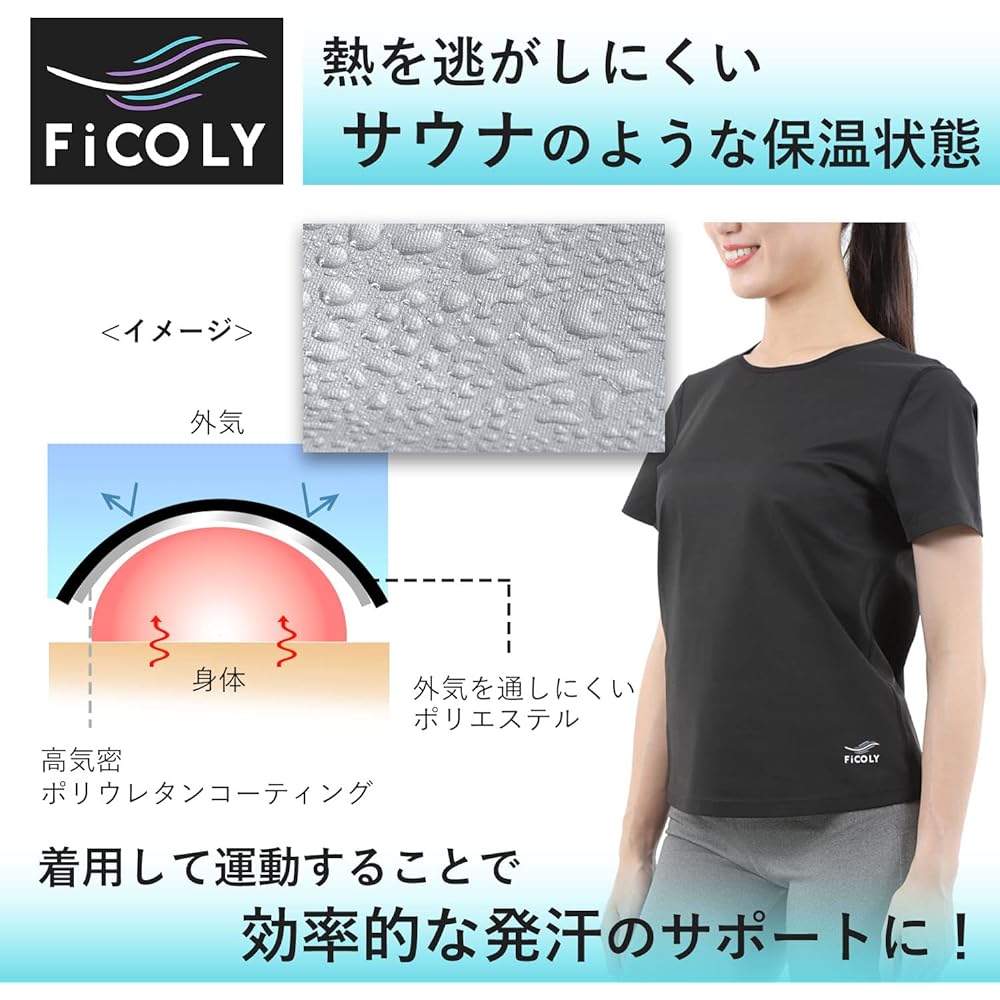[FiCOLY] Sauna Suit, Short Sleeve, Women's, Sweating, Washable, Inner T-shirt, Large Size, Sauna Suit, FSTW-2