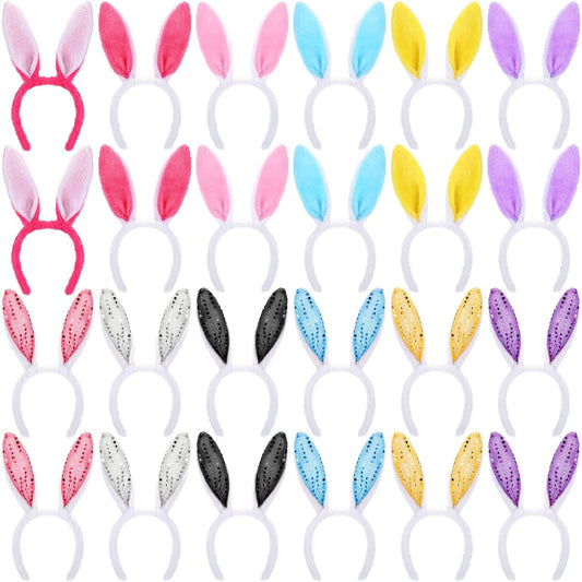 24 Pieces Easter Bunny Ear Headbands, 2 Styles Colorful Plush and Sequins Rabbit Ears Headbands Bunny Costume Accessories Bunny Headbands for Kids and Adults, Easter Party Favors, Cosplay Accessories, Decorations