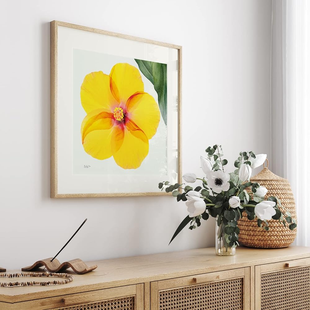 Painting "Hibiscus from Above" Interior Painting Flower Art Panel Framed (H 43cm x Width 43cm)